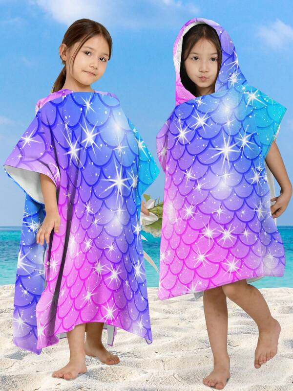 1pc Super Soft Mermaid And Pearl Shell Cartoon Print Kids Hooded Poncho, Children Beach Towel, Absorbing, Warm, Versatile For Swimming, Beach, Bathing