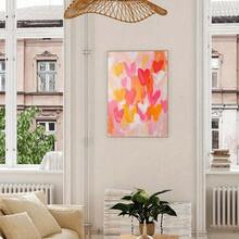 1 peça de arte de parede abstrata com corações coloridos sem moldura - impressão vibrante com tema de amor e pinceladas em tela, fundo rosa com padrões de corações vermelhos e laranja, decoração moderna para quarto, sala de estar ou escritório, decoração de coração