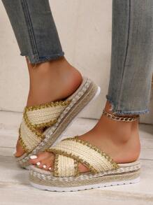New Fashion Thick Sole Wedge Sandals, Comfortable Casual Black Ladies Slide Slippers