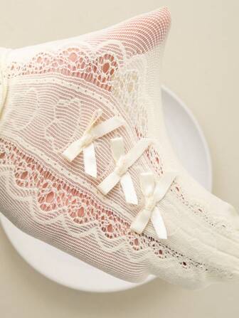 1 Pair Baby Girl Princess Rabbit Bow Decor Hollow Mesh Breathable Comfortable Tights, Suitable For Daily Or Party Outfits