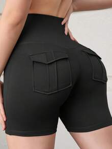 1 pieza Pantalones de yoga de estilo deportivo de verano con diseño sin costuras, efecto levantador de glúteos, cintura alta, diseño moldeador del abdomen, color sólido, diseño minimalista y moderno, pantalones cortos deportivos para exteriores, fitness, running, entrenamiento, ciclismo, livianos, suaves, de secado rápido, transpirables y absorbentes de sudor