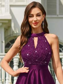 MIUSOL Halter Neck Sequin Floral Lace Contrast Satin High-Low Hem Evening Party Long Dress, Formal Evening Gown, Prom Dress, For Wedding Guest, Graduation, Dinner