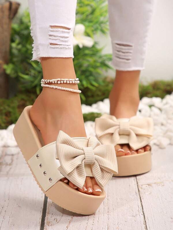 Women's Minimalist Bow Slippers, Outdoor, Wedge Heel, Thick Sole, Casual, Versatile, Studded, Party, Summer Sandals