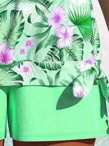 Plus Size Women's Tankini Set Tank Top&Shorts Green Plants, Leaves, Flowers Floral Print