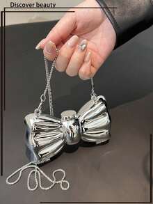 Mini Bowknot Mini Evening Bag, Small Personalized Fashion Chain Lipstick Bag For Women, Suitable For Valentine's Day, Party, Date, Decorative Shoulder Crossbody Bag, Coin Purse, Silver, Gold Earphone Case - Bạc - Xem 2