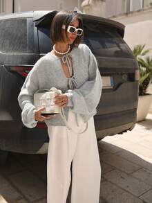 معطف نسائي كاجوال للعمل/المكتب بياقة مستديرة وأكمام طويلة وربطة عنق وكروشيه مزين بالدانتيل، جاكيت شتوية