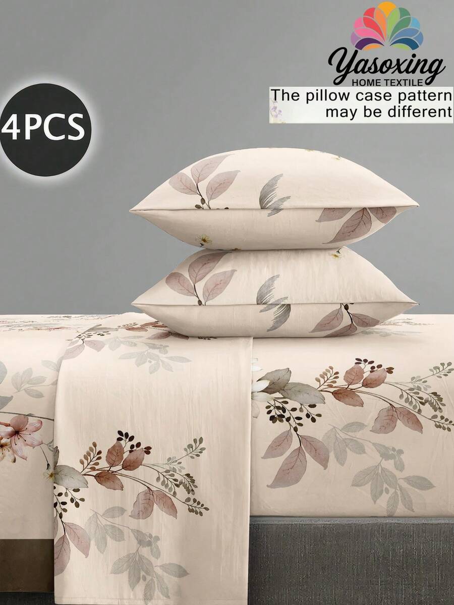 4Pcs Botanical Flower Garden Flower Pattern Sheet Set Bedding Set, 1pc Fitted Sheet & 1pc Flat Sheet& 2pcs Pillowcase Bedding Mattress Protector Set (Not Including Pillow Core)Luxury Fitted Sheet Set King Queen Full TWIN SIZE Sheet Deep Pocket Up To 11.8 Inch Pillowcase, Soft Breathable Wrinkle-Free Better For Sleep, Luxury Hotel Style, Gift For Mom Dad Friend Farmhouse Bedding Sets - Multicolor - View 1