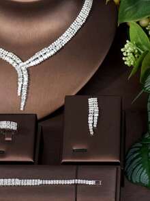 1 套女士优雅流苏方晶锆石首饰套装 - 项链、耳环和吊坠，适合婚礼、日常、派对、购物、礼品、礼服配饰