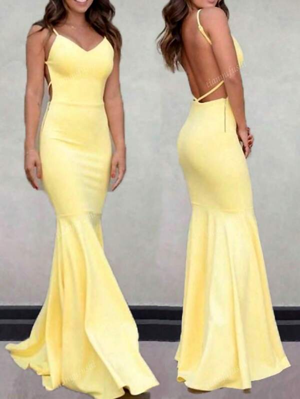 Vestido de verão feminino sexy sem costas amarelo com cauda de peixe e alças finas, vestido para convidada de casamento