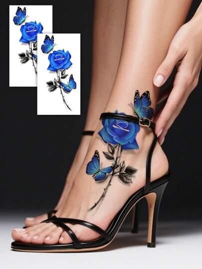 2pcs Blue Rose Temporary Tattoos, Combination Of Rose And Butterfly Design, Waterproof Realistic, Suitable For Women And Girls Body Art