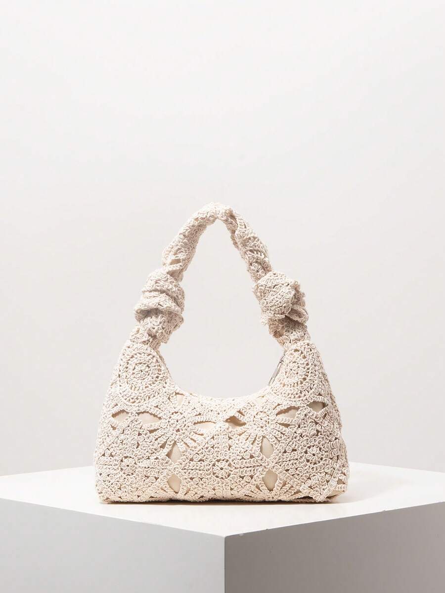 Floral Hollow Crochet Woven Women Handbag, Crochel Set, Boho Straw Beach Bag, Travel Must Haves, Vacation Outfits (Pattern Random) - Apricot - View 1