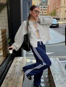 معطف نسائي كاجوال للعمل/المكتب بياقة مستديرة وأكمام طويلة وربطة عنق وكروشيه مزين بالدانتيل، جاكيت شتوية