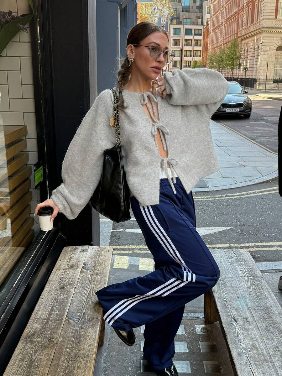 معطف نسائي كاجوال للعمل/المكتب بياقة مستديرة وأكمام طويلة وربطة عنق وكروشيه مزين بالدانتيل، جاكيت شتوية