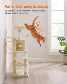 Kratzbaum, 112 cm hoch, Katzenbaum, mehrstöckiges Katzenhaus, mit 4 Kratzsäulen, 2 Plattformen, Hängematte, Höhle, beige - Beige - Übersicht 7
