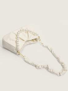 百搭时尚白色褶皱云朵钱包配珍珠链腋下单肩包，斜挎通勤手提包，适合女士 - 白色 - 查看 4