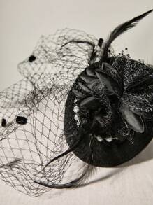 1 Stück Elegant Schwarzer Vintage Damen Minihut mit Feder & Perle, Tüll Kopfschmuck mit Spitzen- & Mesh-Handschuhen Set