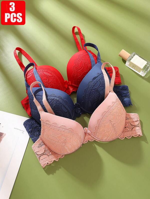 Conjunto de 3 peças de lingerie feminina confortável, estilo francês, renda, sexy, decote profundo, cor sólida