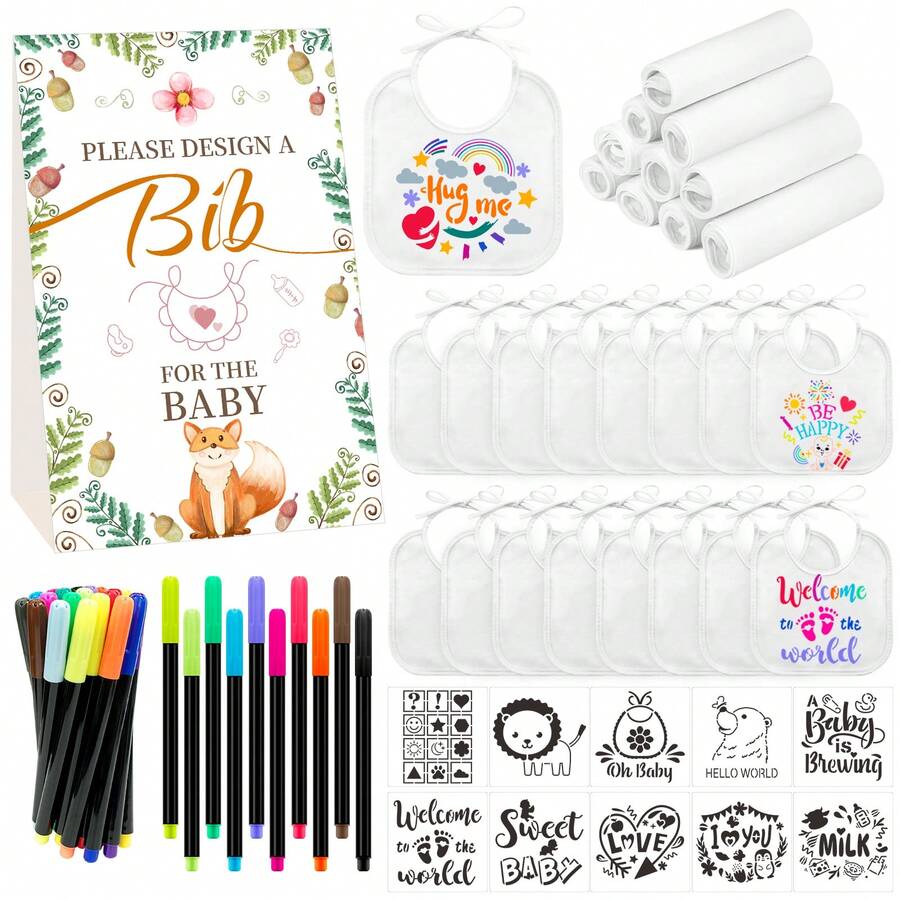 16/37 Pcs DIY Bibs Decorating Kit 16 White Bibs 10 Stencils 10 Fabric Markers 1  Game Sign - WDTZ-cáo-1 - Xem 1