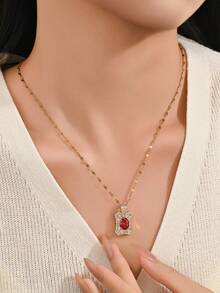 1pc Gold Luxury Rhinestone Geometric Pendant Necklace, Fashionable & Personalized, Suitable For Party, Wedding, Gift - Yellow Gold - View 2