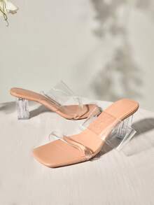 Clariva 女士夏季新款透明高跟鞋，时尚拖鞋，水晶粗跟百搭凉鞋，性感派对宴会鞋，圣诞礼物 - 無色 - 查看 2