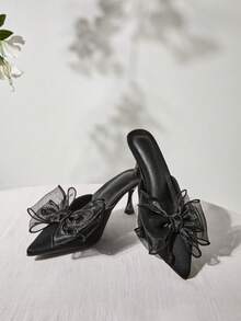 Women Bow Decor Point Toe Pyramid Heeled Mule Pumps, Fashion Outdoor Pumps Valentines Winter Gifts - Black - View 7