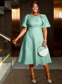 Women Plus Size Rose Jacquard Flared Puff Sleeve A-Line Graduation Dress, Suitable For Commuting, Elegant Cocktail Semi Formal Prom Dress, For Birthday, Wedding Guest, Graduation, Dinner, Homecoming