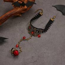 1 pieza Conjunto de anillo y pulsera de mujer con encaje negro vintage y flores rojas con cristales decorados, adecuado para fiestas, festivales y accesorios de disfraz de mascarada