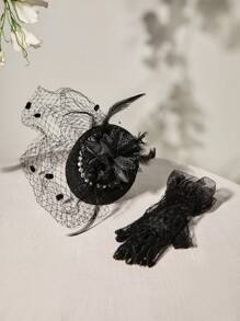 1 Stück Elegant Schwarzer Vintage Damen Minihut mit Feder & Perle, Tüll Kopfschmuck mit Spitzen- & Mesh-Handschuhen Set