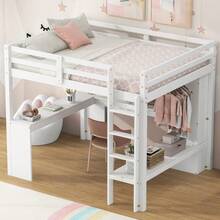 Cama alta de tamaño completo con escritorio en forma de L, armario y estantes de almacenamiento, color blanco-3190 - Multicolor - Ver 2