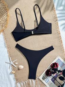 2 件套女士纯色比基尼套装，性感可调节细肩带文胸和性感内裤，适合夏季游泳和沙滩装