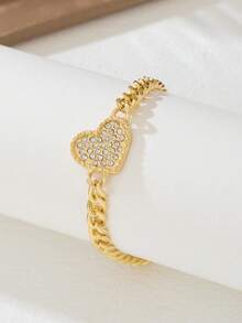 1pc Metal Beach Style Thick Chain Rhinestone Heart Pendant Anklet, Daily Wear & Beach Jewelry For Women - Yellow Gold - View 5