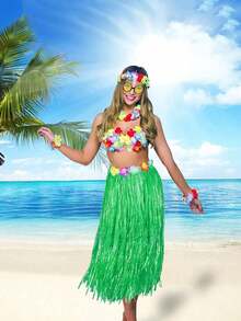 5pcs-Hawaiian Grass Skirt Lei,Hawaiian Hula Skirt Tropical With Hawaiian Wreath ,Hula Skirt Kit For Hawaii Luau Party - Dancing Hula With Flower, Hawaiian Lei For Tropical Parties, Hawaiian Party Gift Ideas Gift Party Decoration Hula Skirt Hula Dance Show With Wreath Hula Skirt,Party Decorations, Hawaiian Party Supplies Tropical Beach Party, Creative Gifts & Home Decor. - Green - View 3