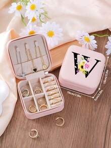 1 件花卉首字母首饰盒、A-Z 字母旅行首饰盒、伴娘、结婚礼物、字母戒指盒、女士礼品盒、PU 皮革首饰盒（用于戒指、吊坠、耳环、项链等） - 女孩和女士礼品盒。
