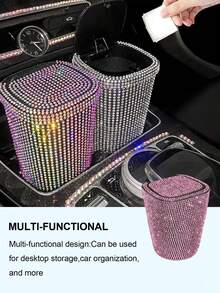 1pc Car Accessories Studded Car Ashtray Fashion Led Lamp Multifunctional Car Creative Car Ashtray For Men And Women/Luxury Rhinestone Ashtray, With Cover, Portable Ashtray-Free Hot Drilling Car Ashtray/Applicable Holiday Gifts - Multicolor - View 3