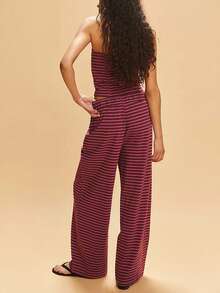 Womens Striped Two Piece Sets Summer Lounge Outfits Sailor Crop Tube Top And Striped Wide Leg Pants Matching Set Beach Vacation Travel Y2k Lounge Set - Đỏ - Xem 2
