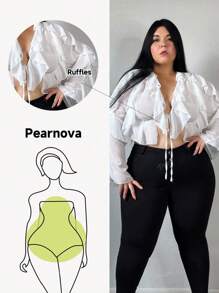 Truni Plus Size Women Spring/Summer Elegant Vacation Outfits Solid Color Ruffle Patchwork Long Sleeve Casual Shirt