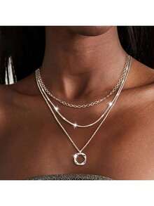 1pc Fashion Multi-Layer Stacking Rings 925 Silver Necklace For Women, Personalized Hiphop Everyday Party Gift