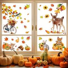 9 piezas Pegatinas de ventana de Acción de Gracias de otoño con hojas de arce, calabaza, erizo, ciervo, conejo, bicicleta, girasol - Pegatinas de refrigerador de decoración de doble cara para el hogar, la oficina, fiestas. Pegatinas de ventana navideñas con Papá Noel, renos, muñecos de nieve y copos de nieve - Decoraciones navideñas de plástico con estática, reutilizables y fáciles de aplicar