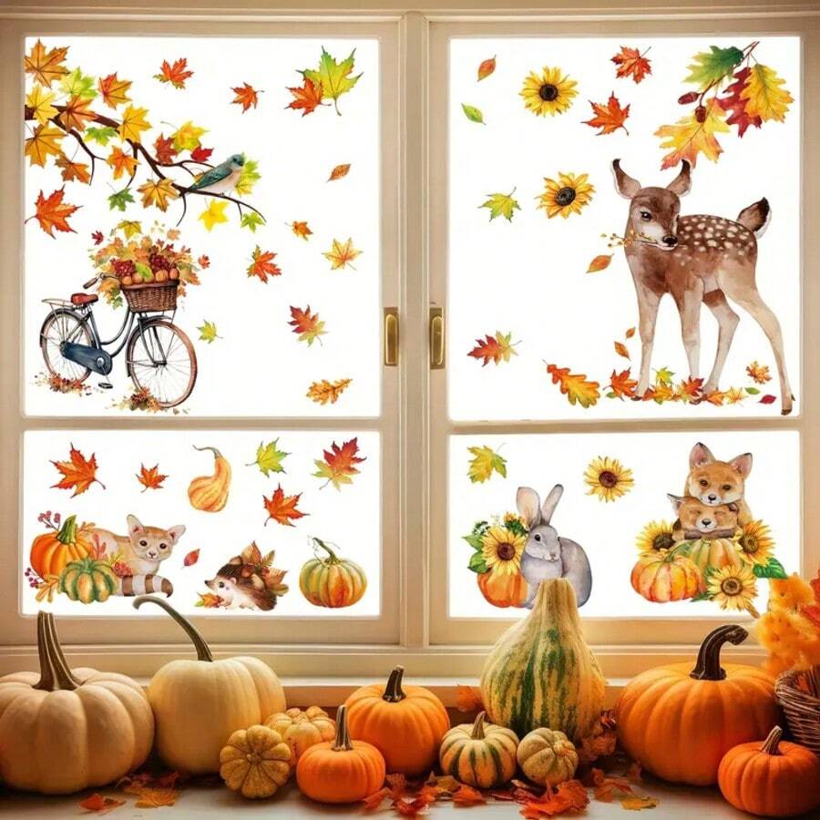 9 piezas Pegatinas de ventana de Acción de Gracias de otoño con hojas de arce, calabaza, erizo, ciervo, conejo, bicicleta, girasol - Pegatinas de refrigerador de decoración de doble cara para el hogar, la oficina, fiestas. Pegatinas de ventana navideñas con Papá Noel, renos, muñecos de nieve y copos de nieve - Decoraciones navideñas de plástico con estática, reutilizables y fáciles de aplicar