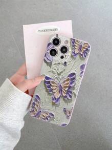 1pc Soft Protective Phone Case With Painting Butterfly Pattern, Suitable Compatible With Apple/Redmi/VIVO/OPPO, Light Purple