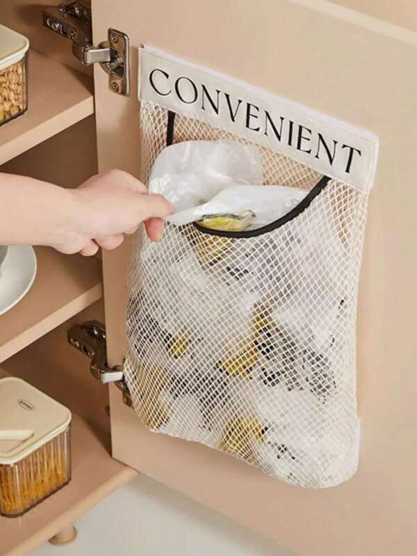 1pc Kitchen Garbage Bag Storage Rack, Wall Mounted Large Capacity Plastic Bag, Reusable Bag, Friendly Washable Wall Hanging Fruit Basket, Strong Fruit And Vegetable Bag, Storage Net With Hook And Loop, For Garlics Potatoes Onion Or Pantry Organizer, With Small Drawstring Trash Bags