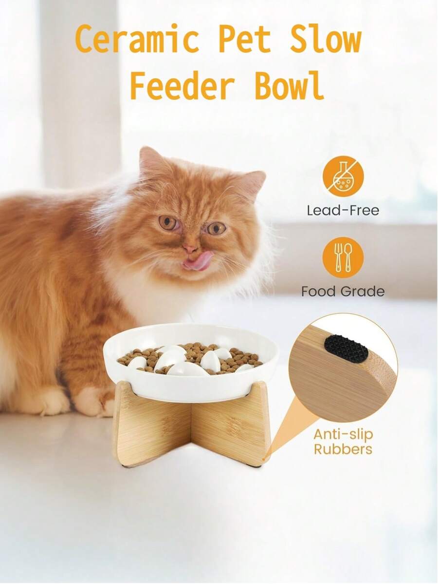 Gamelle Chat Slow Feeder Bowl With Stand - Ceramic Elevated Cat Food Bowl For Dry & Wet Food, Anti-Vomiting Puzzle Feeder