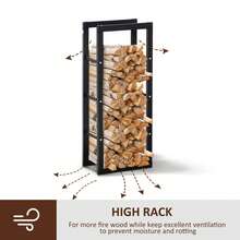 Metal Firewood Log Holder Tall Firewood Rack Indoor Outdoor Fireplace Wood Storage Shelf With Side Rails, Rust-Resistant, Black - 60W X 25D X 150H cm - View 4