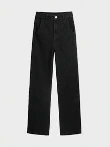 Jeans Reta e Relaxada de Cor Sólida para Homens, Moda Casual Vintage de Rua, Detalhes como Botões, Bolsos, Zíper, Adequados para o Dia a Dia, Transporte, Atividades ao Ar Livre e Reuniões