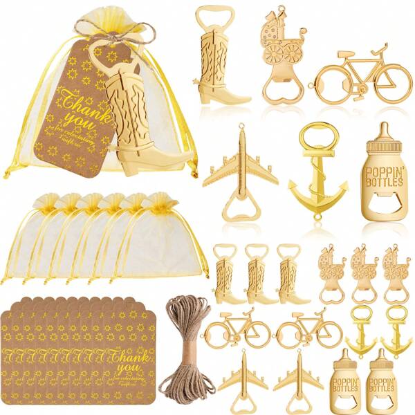 Abridor de garrafas dourado com bolsa de voile, corda de juta, cartão de agradecimento, decoração e lembrança para festa de viagem, lembrancinhas para festa de aniversário, presentes para convidados, utensílios para bar e cozinha, presentes para chá de panela e casamento, presentes para o Dia dos Namorados