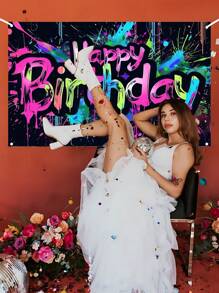 Happy Birthday Background Fabric Graffiti Neon Light Background Decoration Banner Color Splash Paint Graffiti Background Cloth Birthday Party Decoration Supplies,Suitable For Party Living Room Bedroom Bathroom Wall Decoration Photography Studio Venue Background Decoration Props