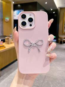 1 pieza Funda de teléfono de piel sintética PU con lazo 3D, compatible con iPhone 17/17 Air/17 Pro/17 Pro Max/16/16 Pro/16 Plus/16 Pro Max 16 15 14 13 12 Pro Max Plus 11, textura de piel de litchi gris minimalista suave para chicas - Rosa - Ver 3