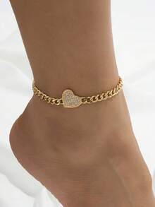 1pc Metal Beach Style Thick Chain Rhinestone Heart Pendant Anklet, Daily Wear & Beach Jewelry For Women - Yellow Gold - View 1