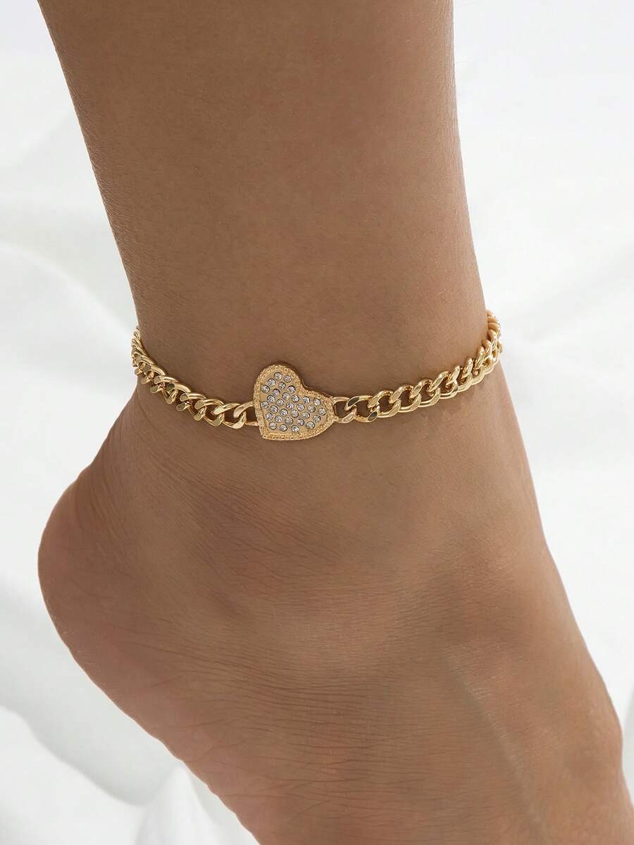 1pc Metal Beach Style Thick Chain Rhinestone Heart Pendant Anklet, Daily Wear & Beach Jewelry For Women - Yellow Gold - View 1