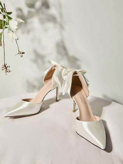 女士婚鞋，白色缎面蝴蝶结高跟鞋，细跟，镂空凉鞋，正式/新娘鞋，圣诞节冬季圣诞礼物